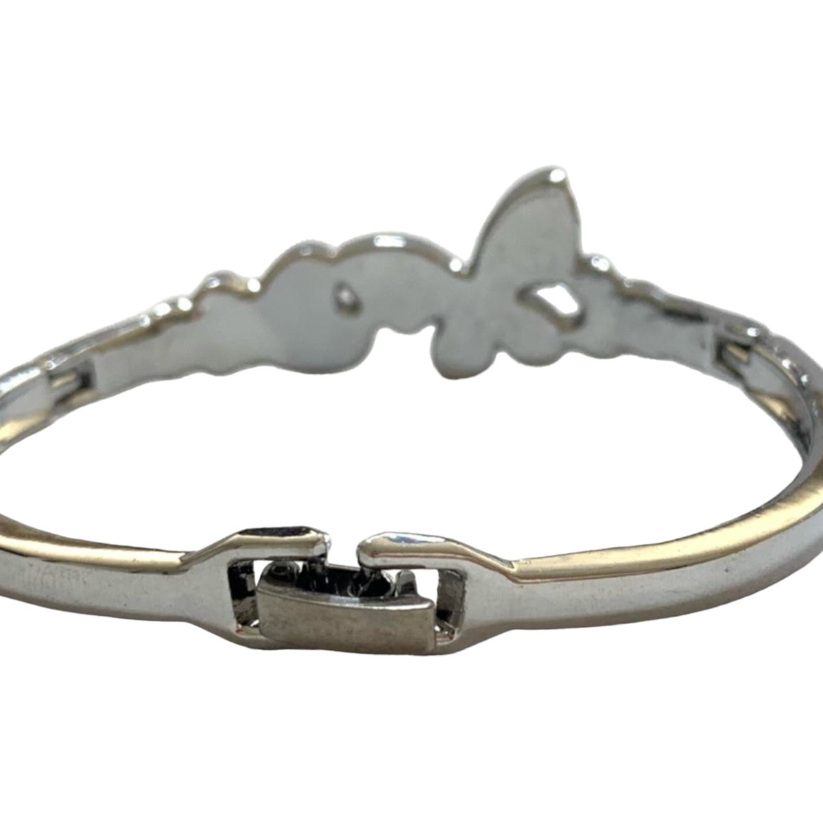 A silver-toned metal bangle bracelet featuring a butterfly-shape from the back and a clasp closure, shown against a plain white background.