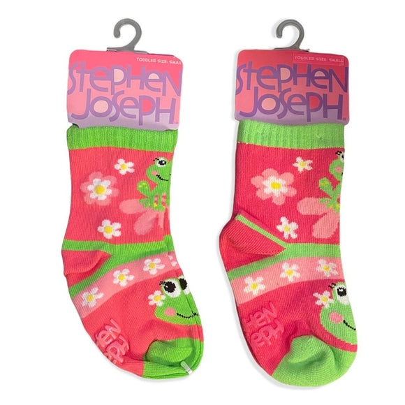 Front of pink and green frog socks
