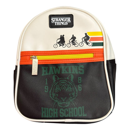 Mini backpack featuring 'Stranger Things Hawkins High School' design with a tiger logo, zippered top, and a front pocket.