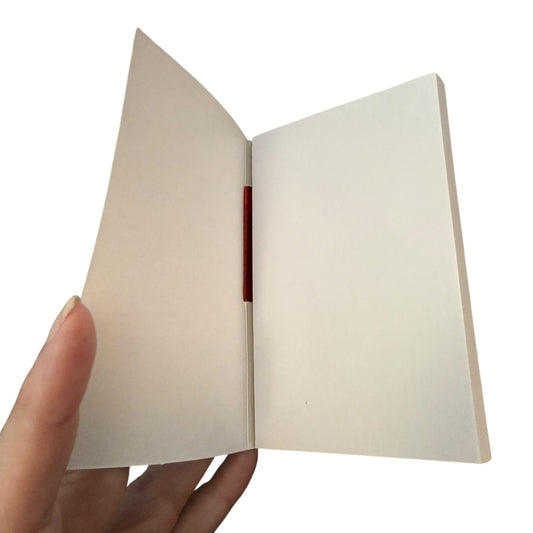 Open notebook held by a hand on a white background
