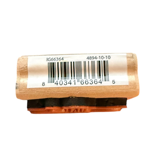 Wooden block with a barcode label on a white background