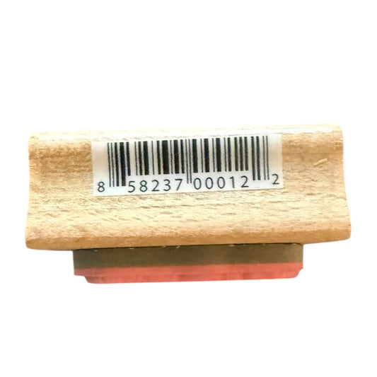 Wooden stamp with a barcode label on a white background