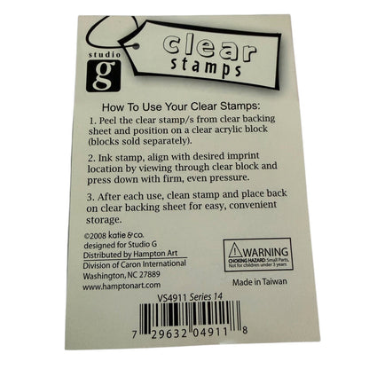 Studio G clear stamps back of package with instructions on a white background. 