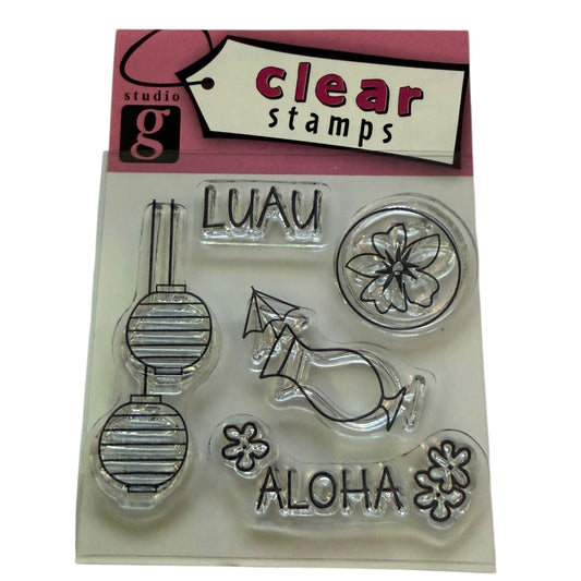 Studio G clear cling stamps with a Hawaiian party theme in packaging on a white background. 