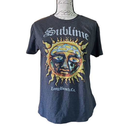 Gray t-shirt with a sun and face graphic and 'Sublime' text on a mannequin against a white background