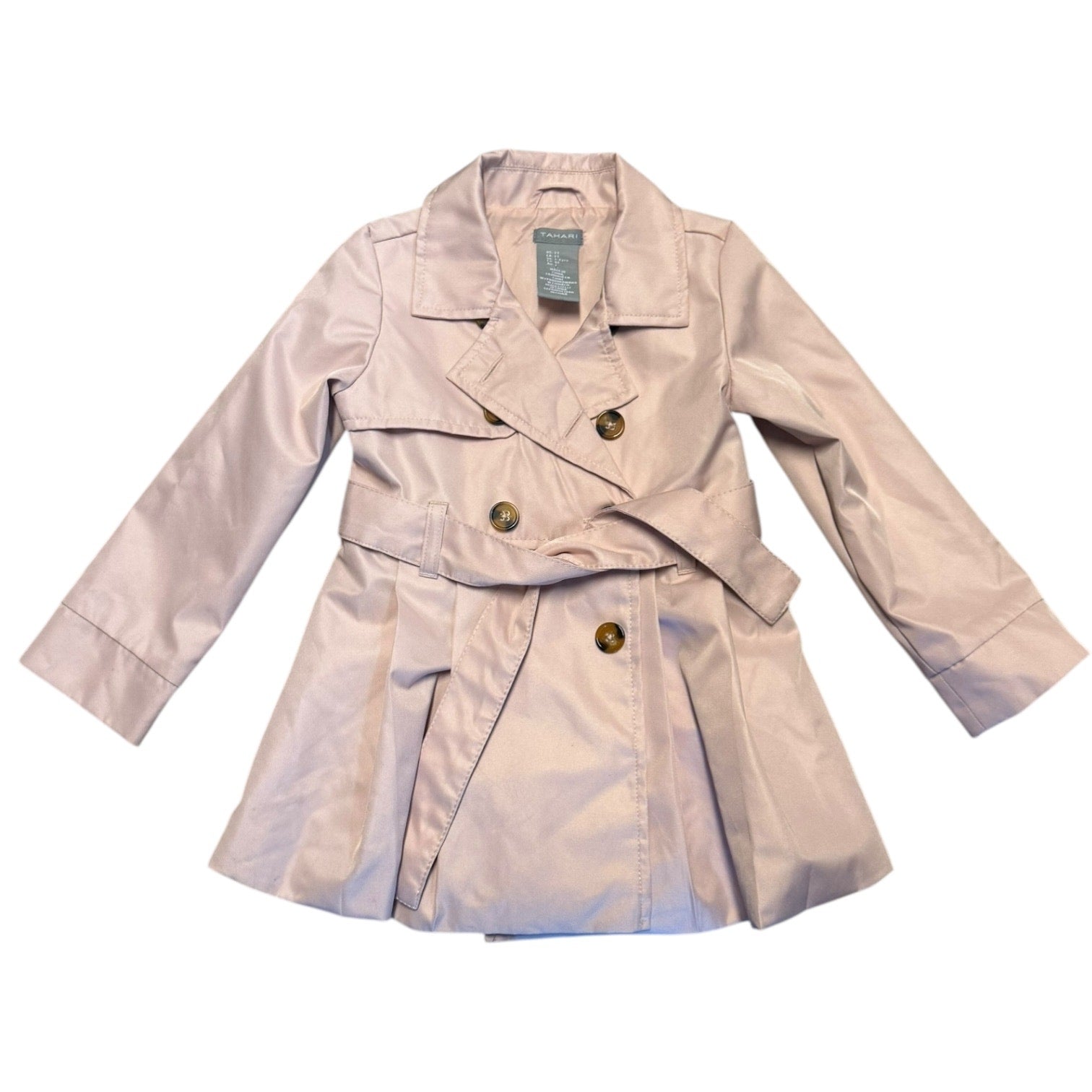Front of pink trench coat with brown buttons on a white background