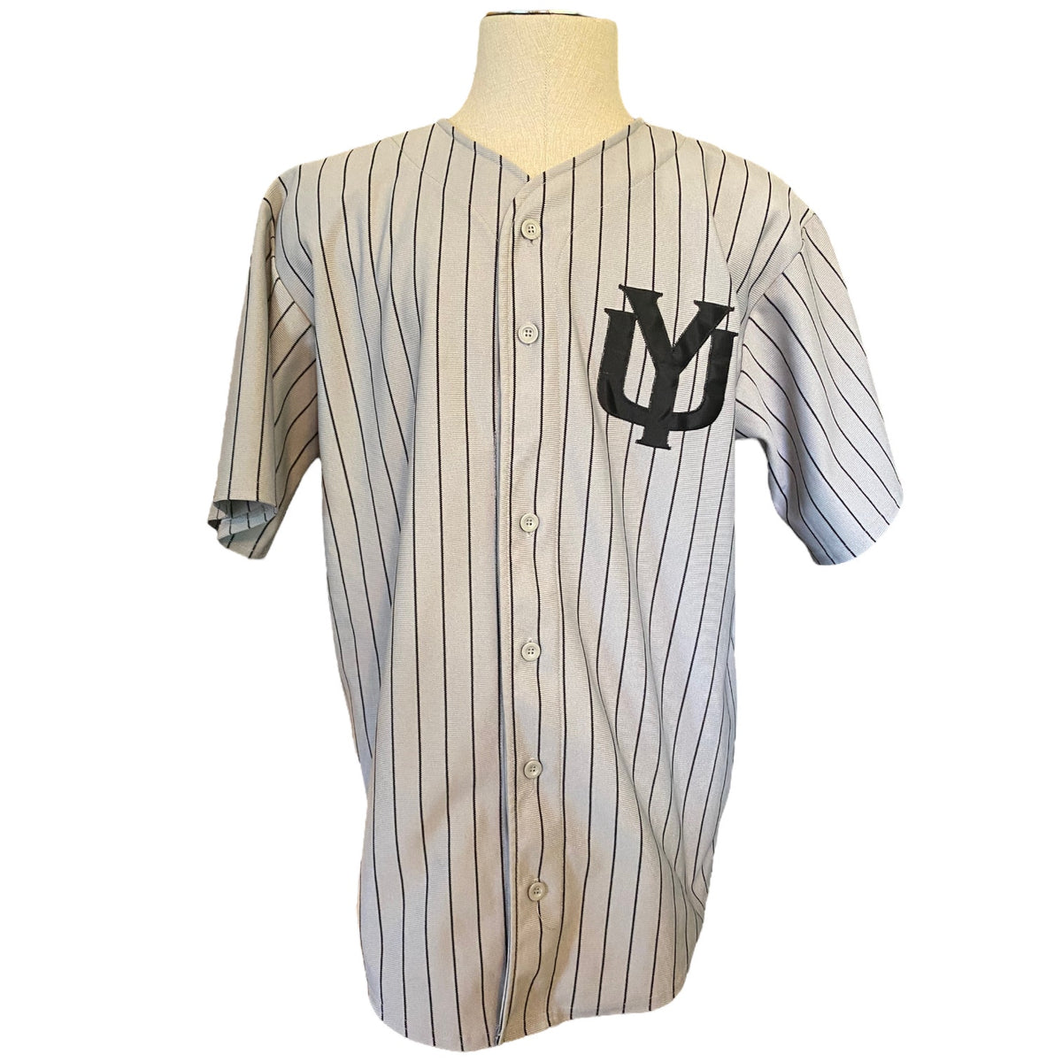A vintage short-sleeve button-up baseball jersey displayed on a mannequin torso.