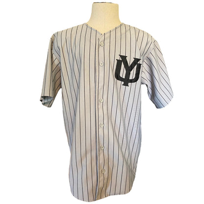 A vintage short-sleeve button-up baseball jersey displayed on a mannequin torso.