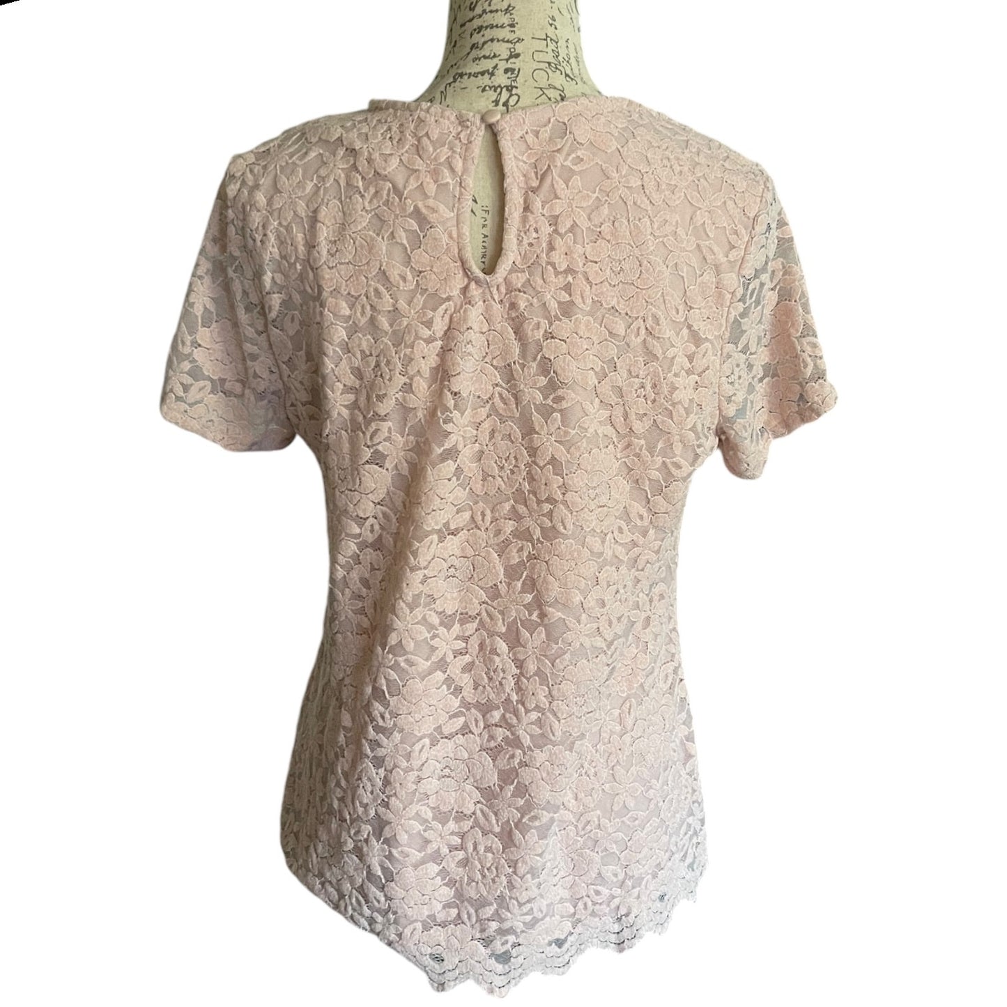 Back of pink  lace top on a mannequin against a white background