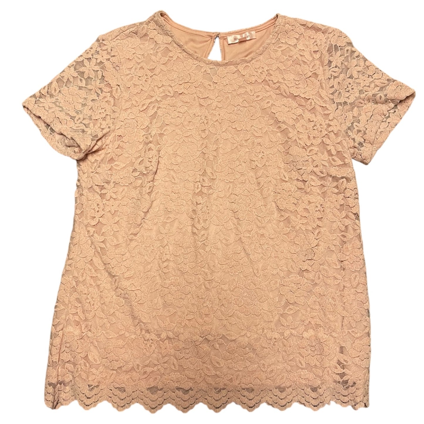 Pink lace top on a white background laying flat