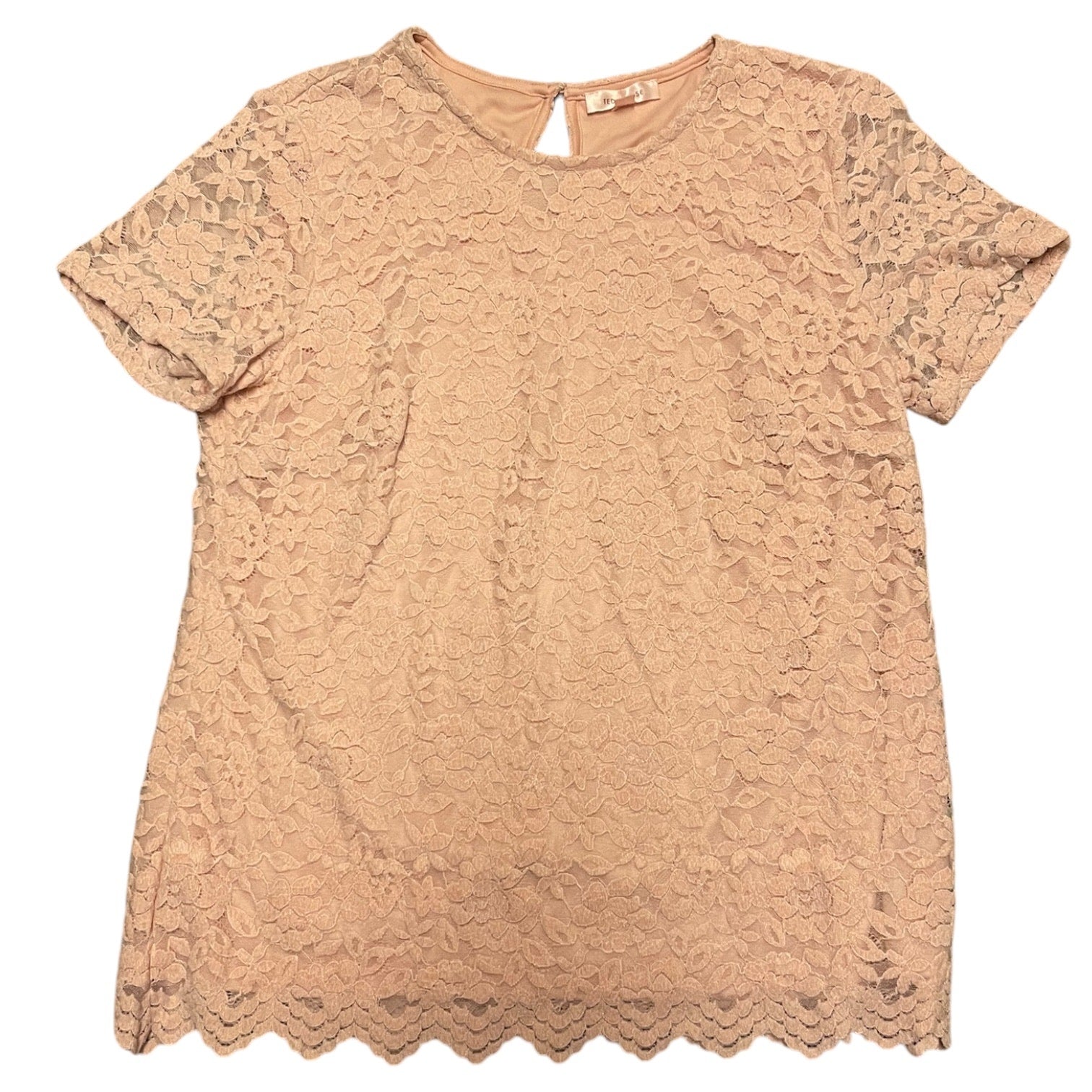 Pink lace top on a white background laying flat