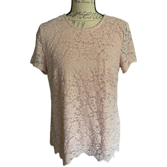 Front of pink lace top on a mannequin against a white background