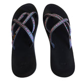 Black flip flops top with colorful straps on a white background
