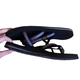 Side of Black flip-flops held by a hand on a white background