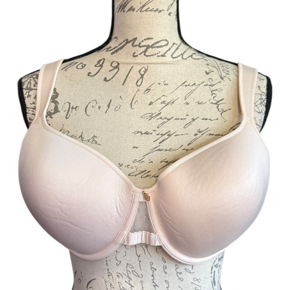 Front of light pink bra on a mannequin with an old document background