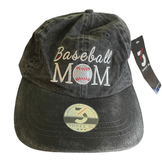 Black baseball cap with 'Baseball Mom' text and a baseball graphic, featuring a brand tag.