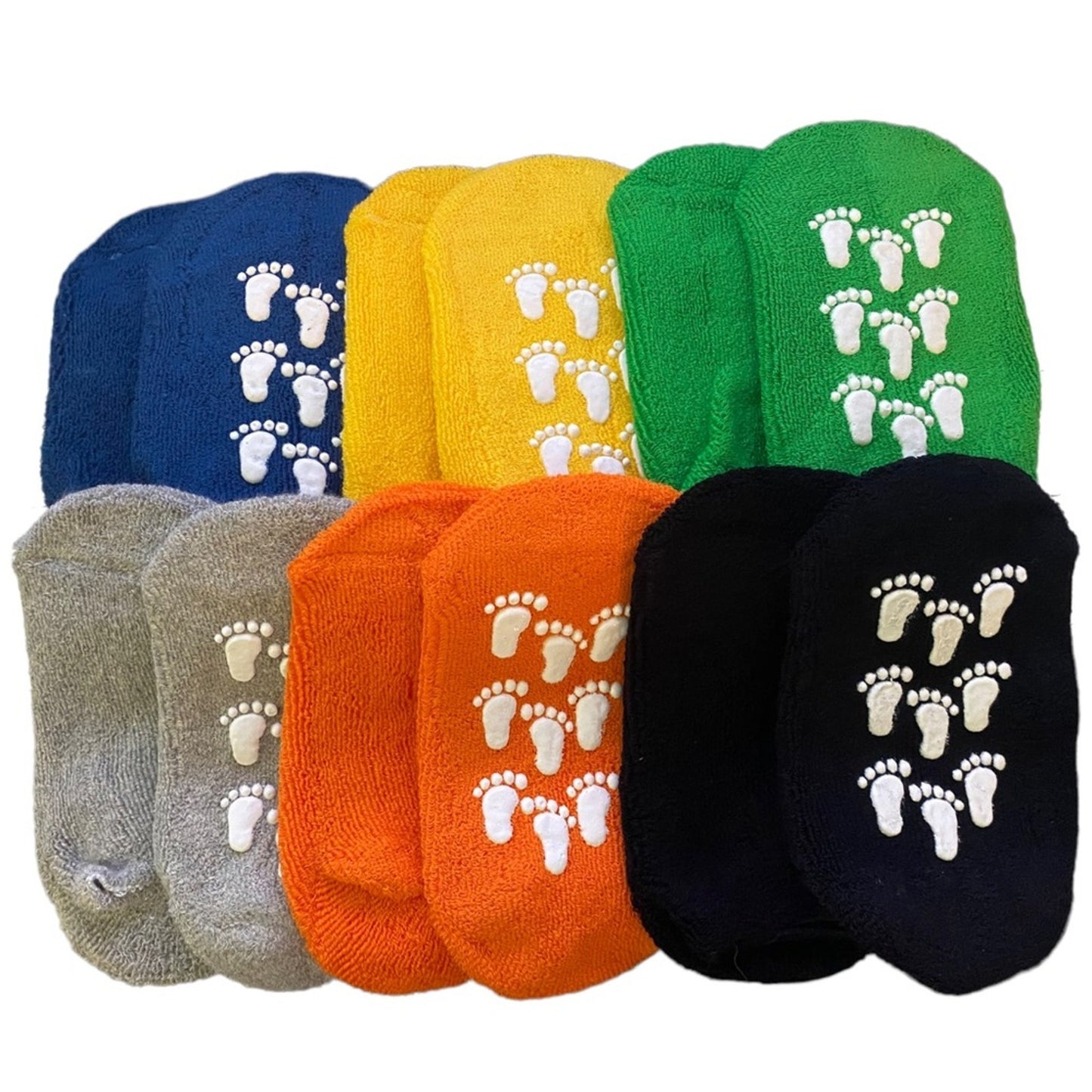 Set of colorful socks with footprints on a white background