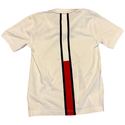 Back of White shirt with black and red stripes on a white background