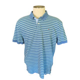 Front of Blue and white striped polo shirt on a mannequin with a white background