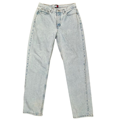 Light wash blue denim jeans shown flat against a plain white background.
