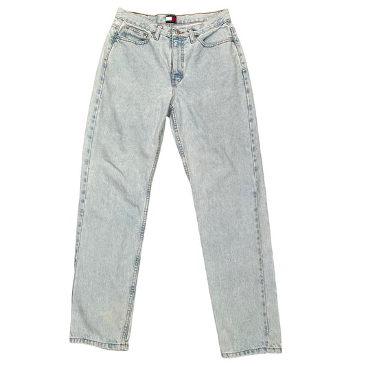 Light wash blue denim jeans shown flat against a plain white background.