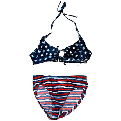 Bikini set with American flag pattern on a white background