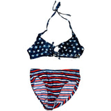 Bikini set with American flag pattern on a white background