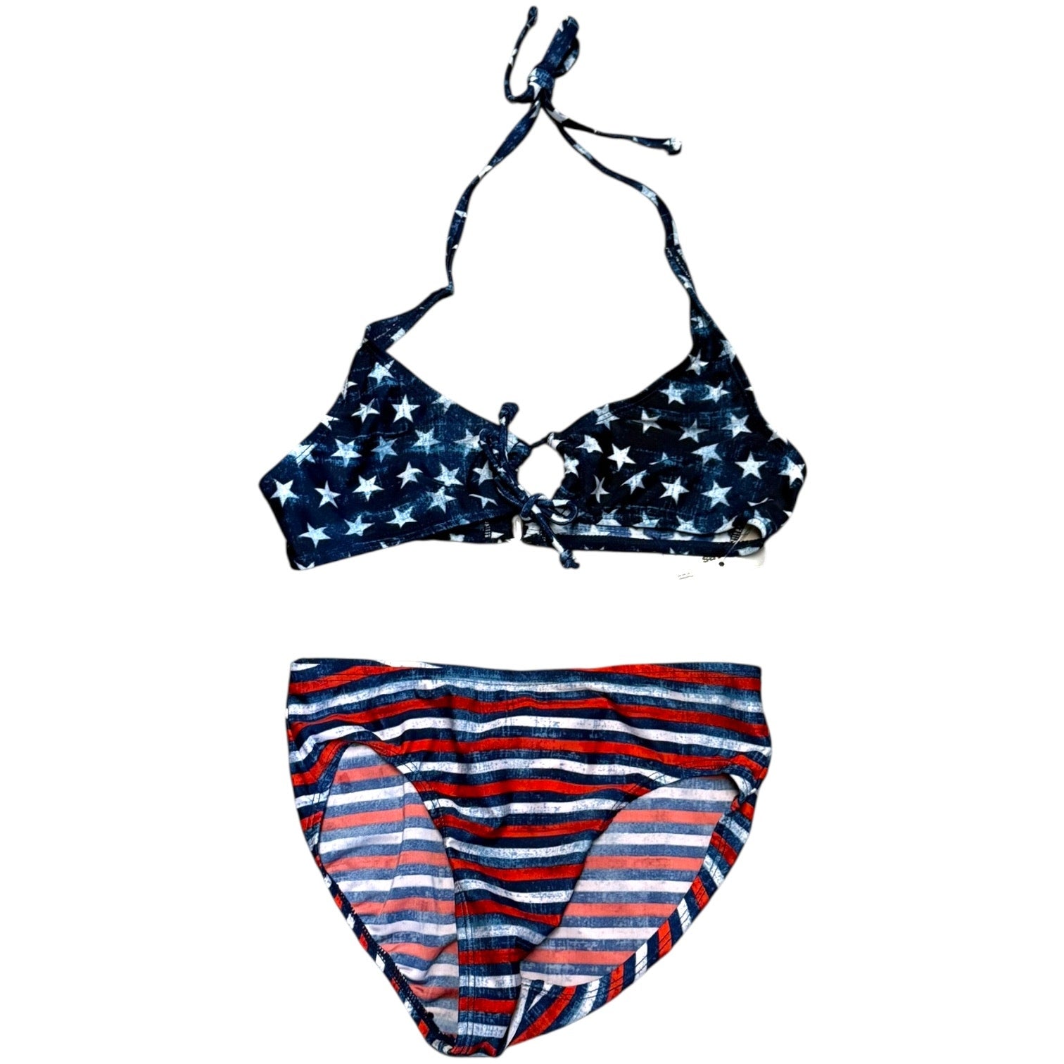 Front of Bikini set with American flag design on a white background