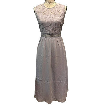 A sleeveless midi dress with a lace bodice and a flowing skirt, shown on a dress form against a plain white background.