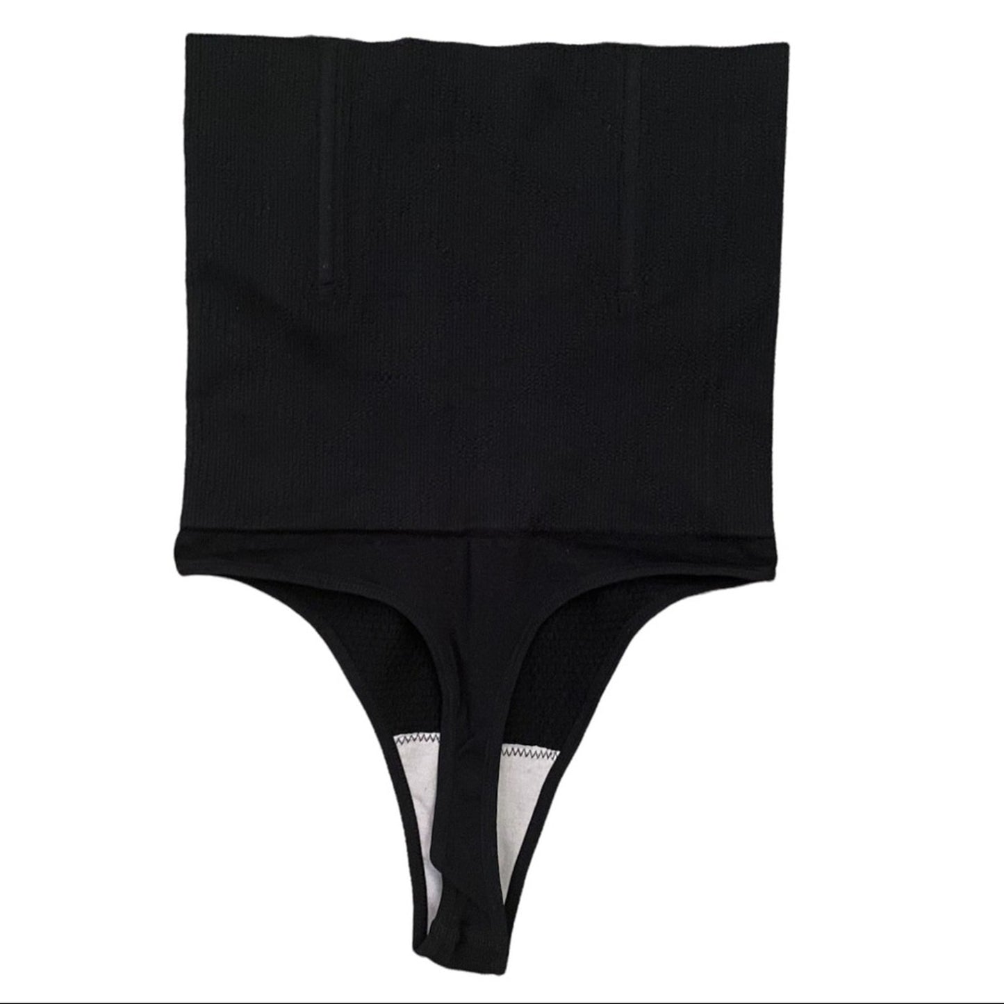 Back of black tummy control thong on a white background