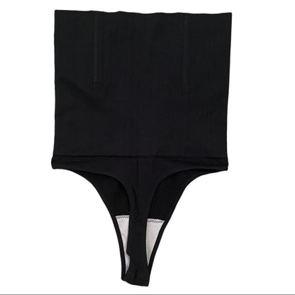 Back of black tummy control thong on a white background