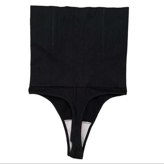 Back of black tummy control thong on a white background