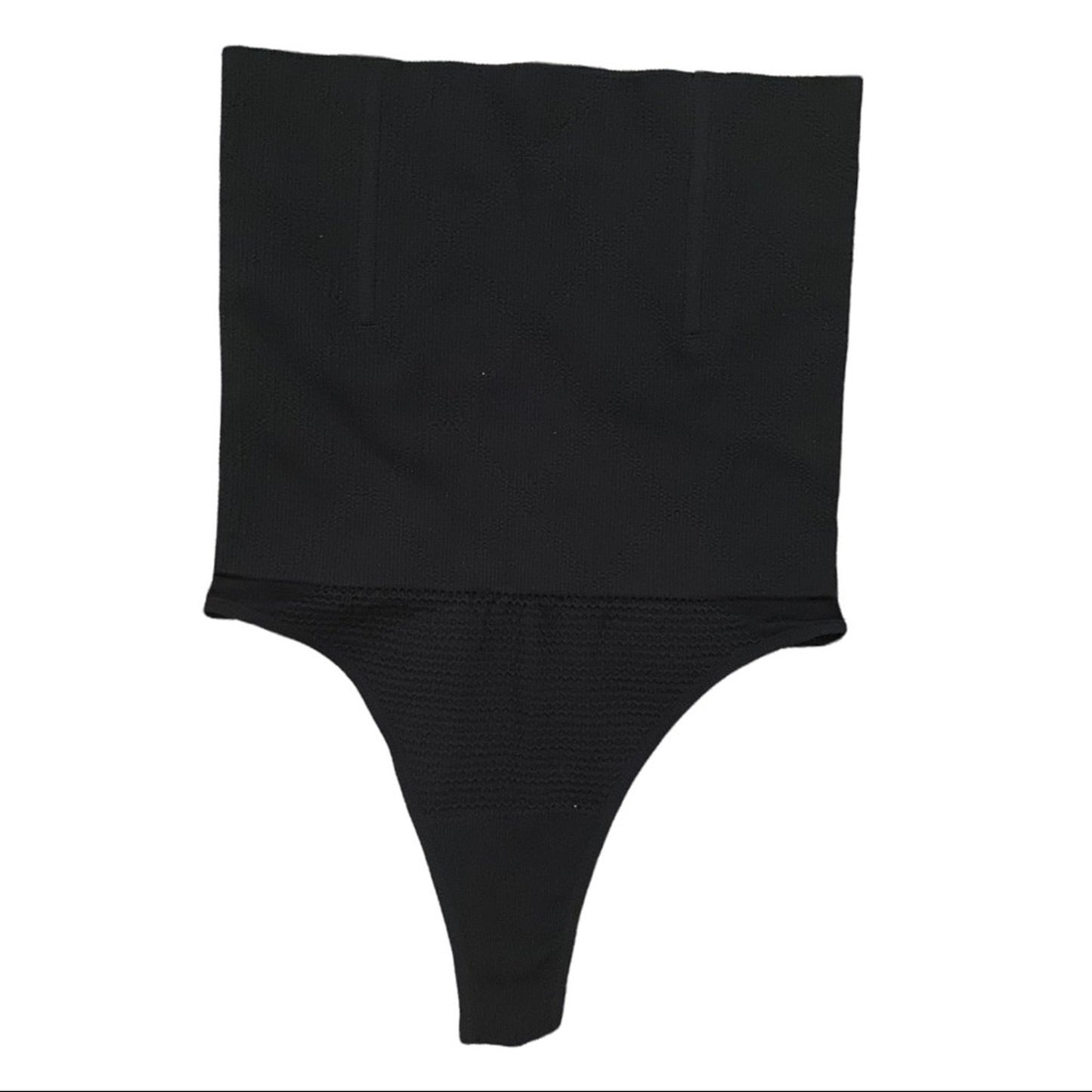 Black high-waisted tummy control thong bottom on a white background