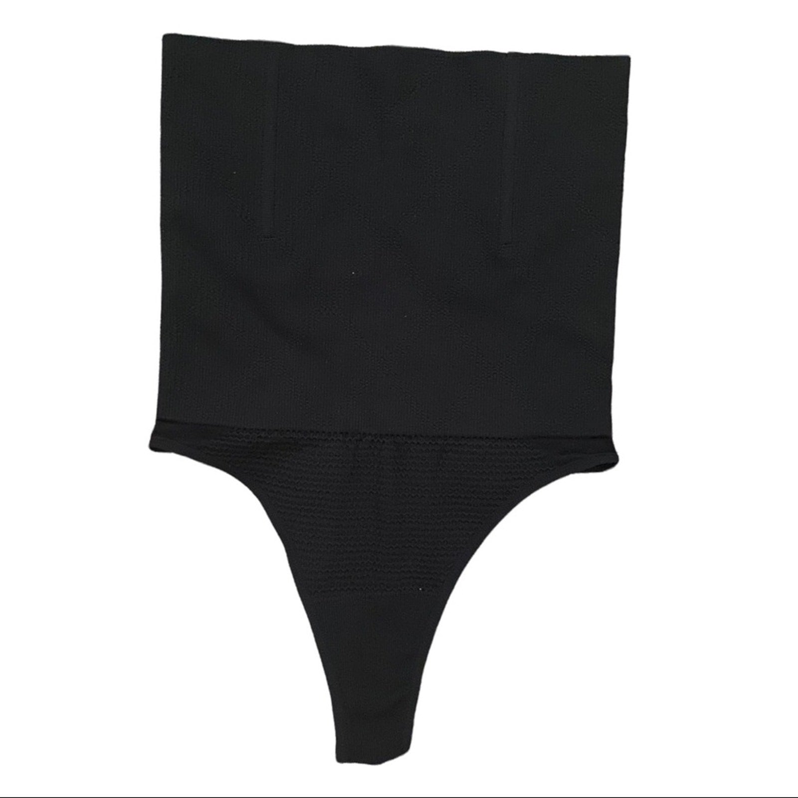 Black high-waisted tummy control thong bottom on a white background