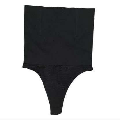 Black high-waisted tummy control thong bottom on a white background