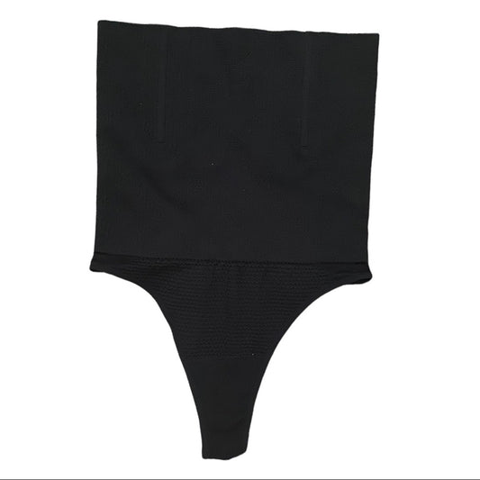 Black high-waisted tummy control thong bottom on a white background