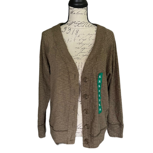 A green knit cardigan sweater displayed on a cream-colored dress form mannequin. The cardigan features a V-neck, button-front closure, and a green vertical brand tag on the left side.
