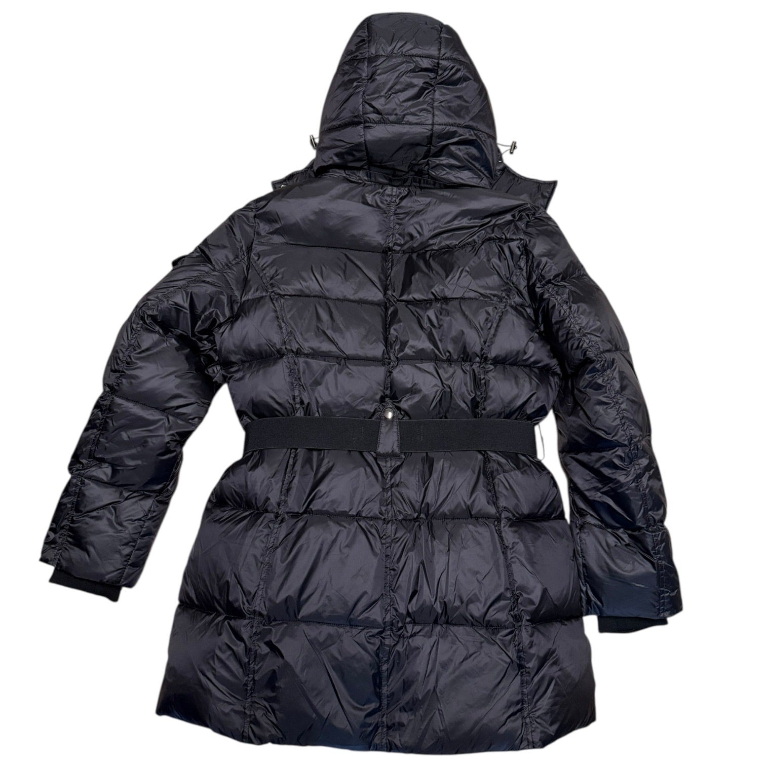 A black hooded puffer jacket with horizontal quilting, a matching waist belt, and a front zipper closure, shown from the back on a white background.