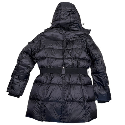 A black hooded puffer jacket with horizontal quilting, a matching waist belt, and a front zipper closure, shown from the back on a white background.