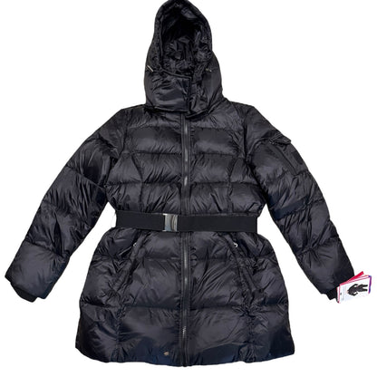 A black hooded puffer jacket with horizontal quilting, a zip front, and a matching black belt at the waist, shown on a plain white background.