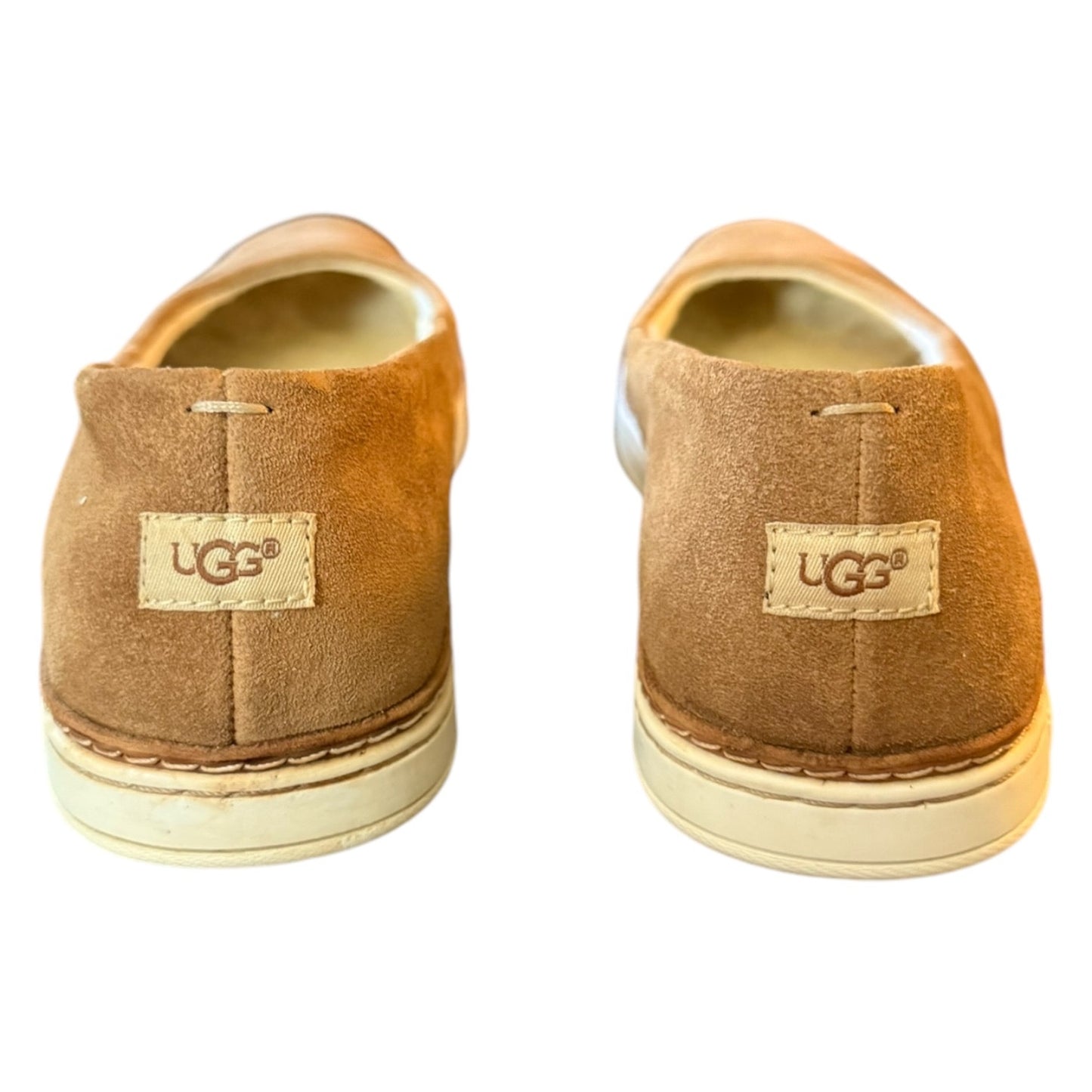 A pair of UGG slip-on shoes in tan suede, shown from the back on a plain white background.