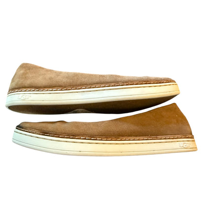 Side of brown slip-on shoes on a white background