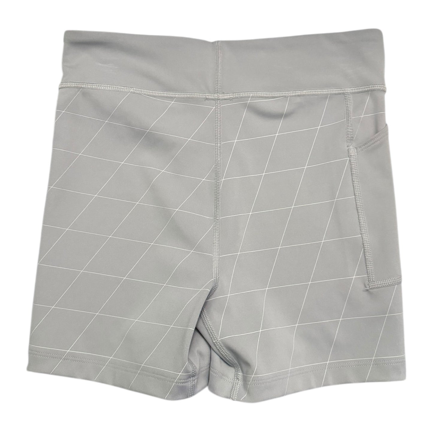 Back of Gray shorts with a geometric pattern on a white background