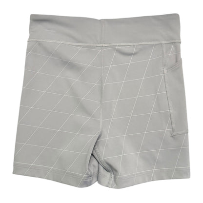 Back of Gray shorts with a geometric pattern on a white background