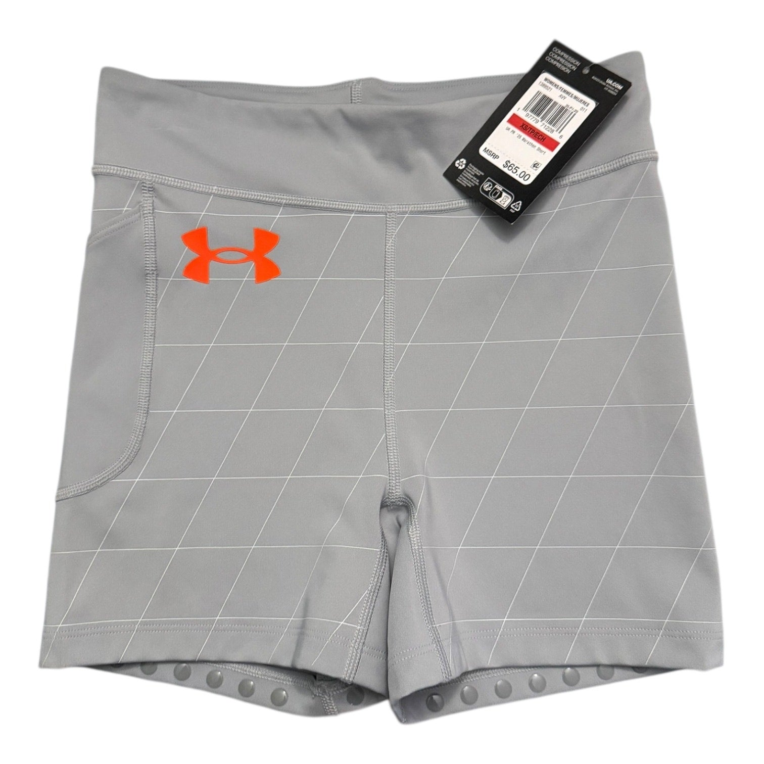 Front of Gray athletic shorts with a orange Under Armour logo on a white background
