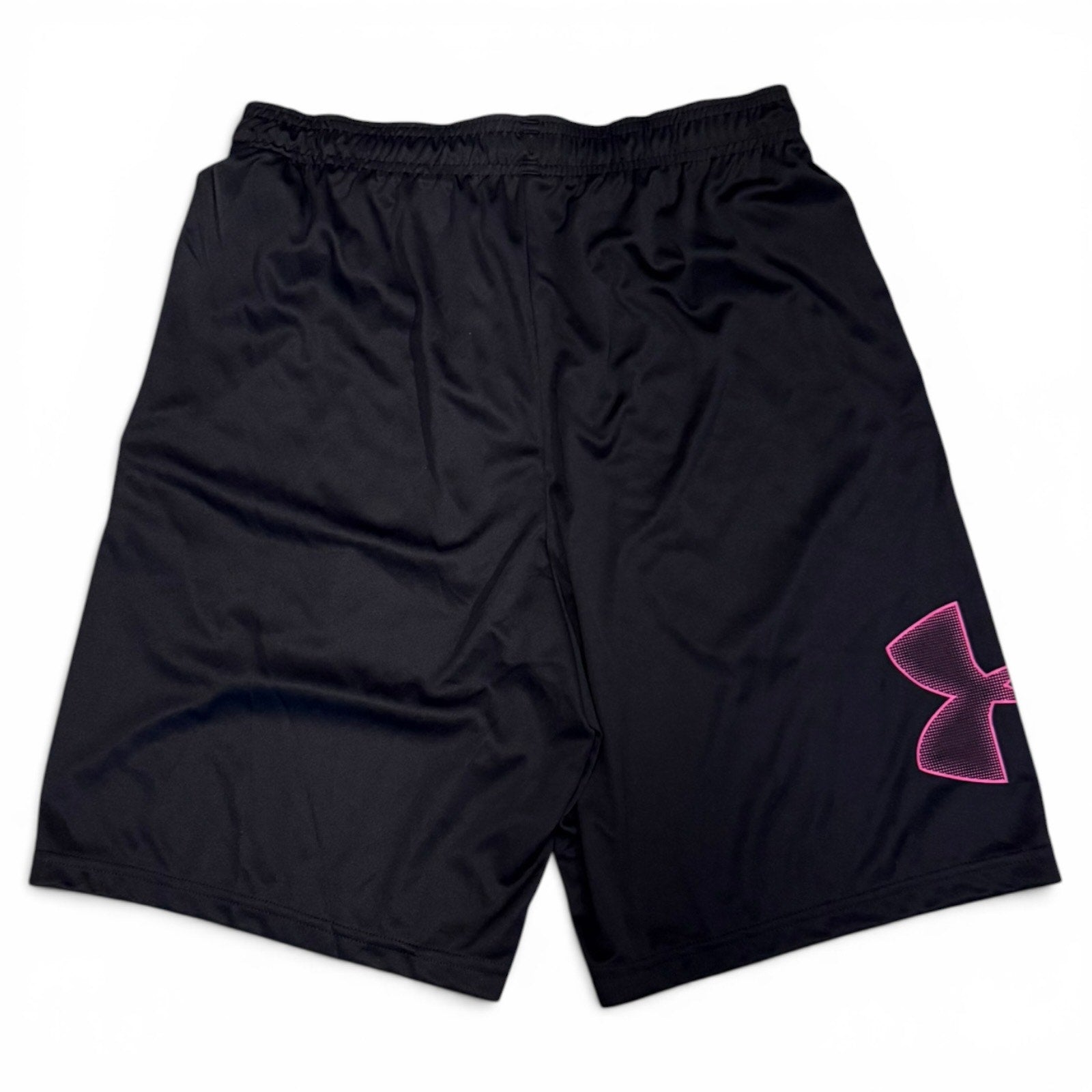 Black shorts with a pink logo on a white background
