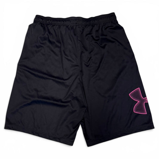 Black shorts with a pink logo on a white background