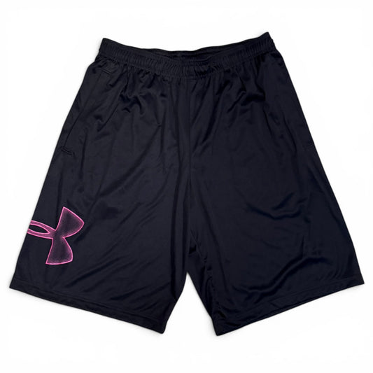 Black shorts with a pink logo on a white background