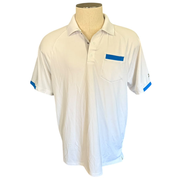 Front of white polo shirt