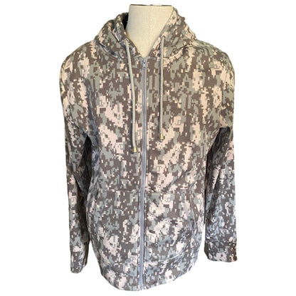 A full-zip hooded jacket with a digital camouflage pattern , displayed on a mannequin torso against a white background.